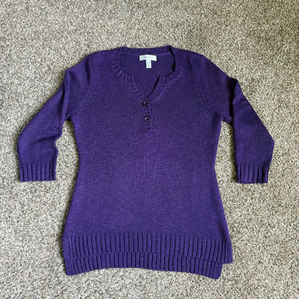 Dress Barn 3/4 Sleeve Henley V-Neck 2 Knit Sweater, Size S, Purple